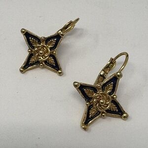 1997 Avon Smithsonian Earrings‎ Gold Tone Star Black Enamel Drop Signed SI